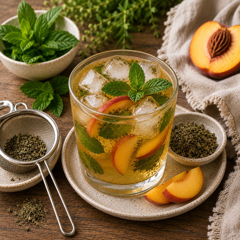 Chilled Mugwort tea with fresh peach, mint and ice