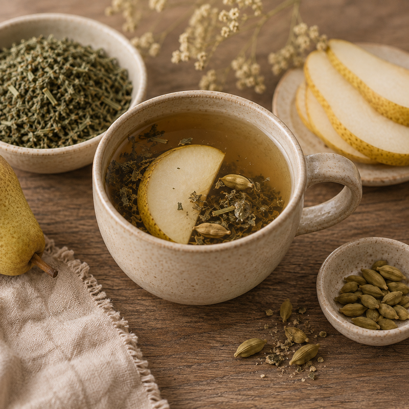 Mugwort herbal tea with fresh pear slices and aromatic cardamom pods