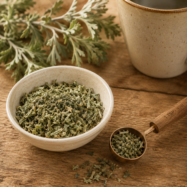One teaspoon of dried Mugwort Leaf measured for preparing mugwort tea