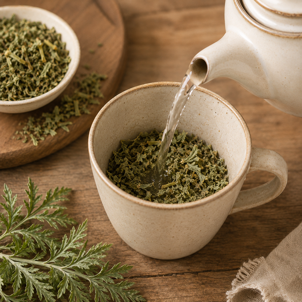 Freshly boiled water being poured over dried Mugwort Leaf to prepare mugwort tea