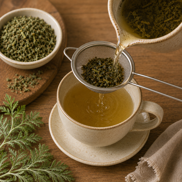 Mugwort herbal infusion being strained into a cup ready to serve