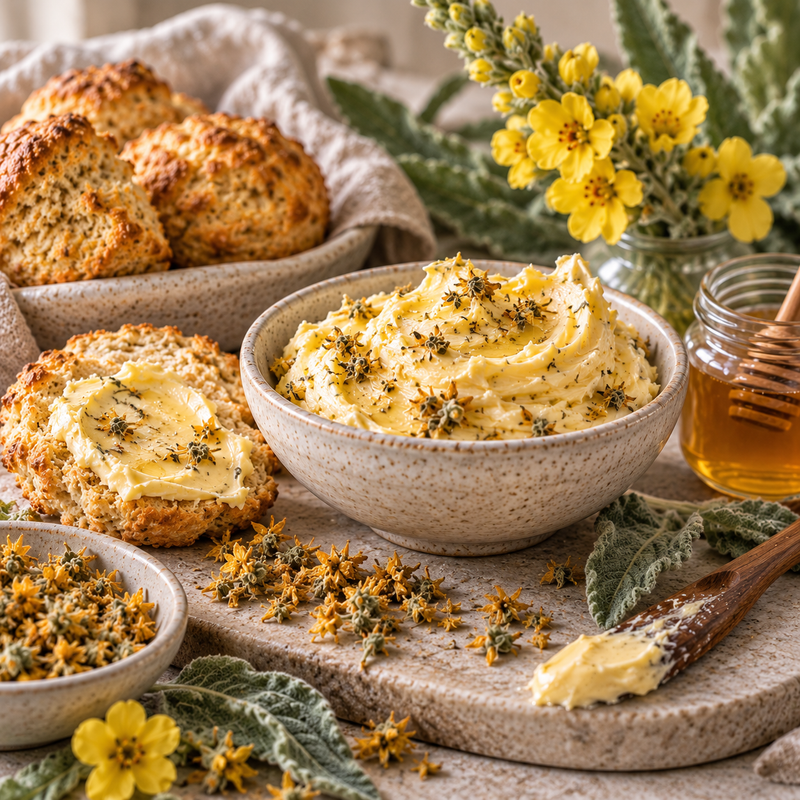Mullein Flower and honey butter served with freshly baked scones, golden dried Mullein Flowers and honey