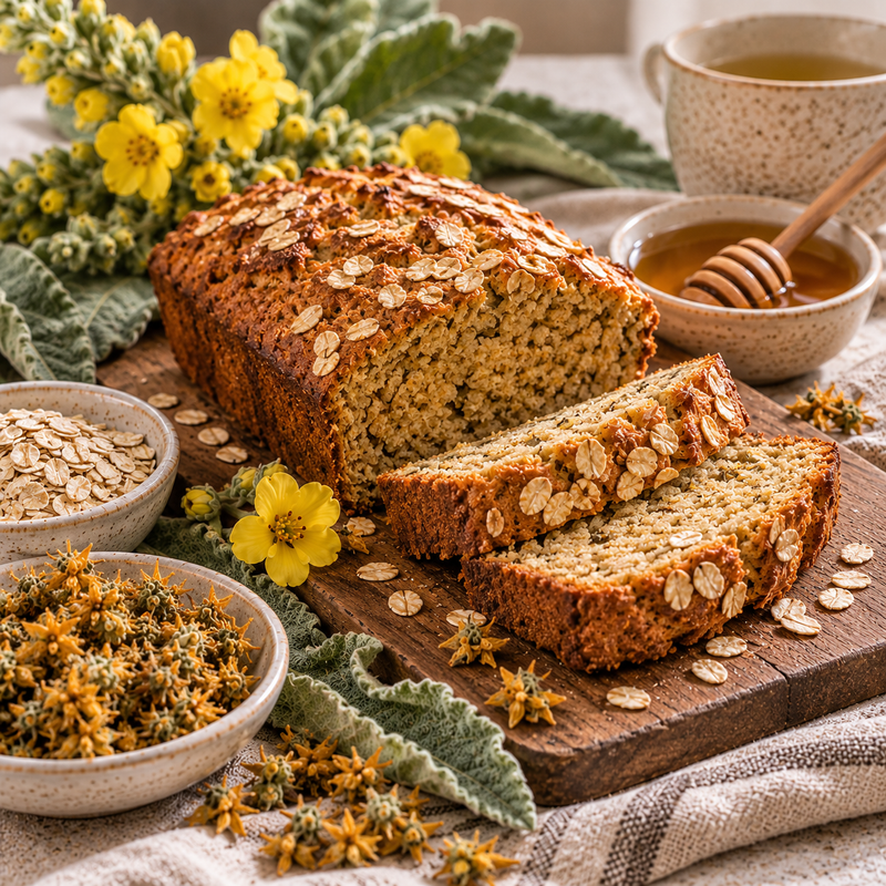 Mullein Flower, honey and oat loaf sliced on a rustic board, styled with golden dried Mullein Flowers, honey and fresh yellow blossoms