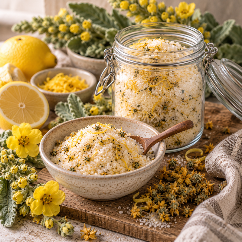 Mullein Flower and lemon botanical sugar with fresh lemon zest, golden dried Mullein Flowers and fresh yellow Mullein blossoms