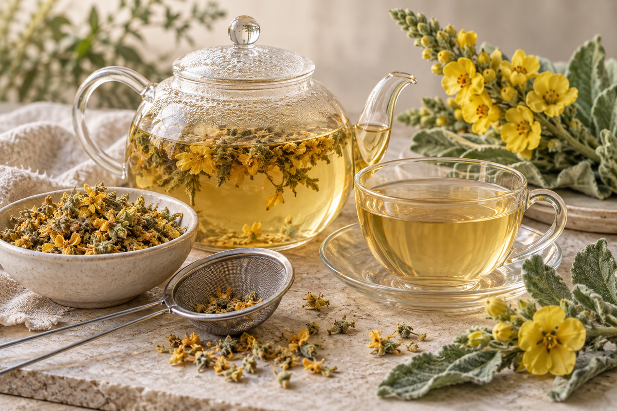 Mullein flower tea preparation with dried golden Verbascum thapsus flowers, a fine tea strainer and a pale golden botanical infusion