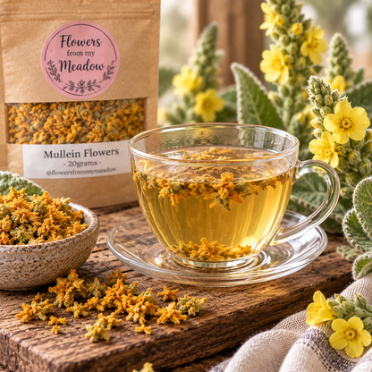 Mullein flower tea with dried golden Mullein Flowers and a naturally pale golden botanical infusion