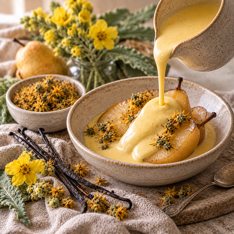 Mullein Flower and vanilla custard poured over baked pears, styled with golden dried Mullein Flowers and fresh yellow blossoms