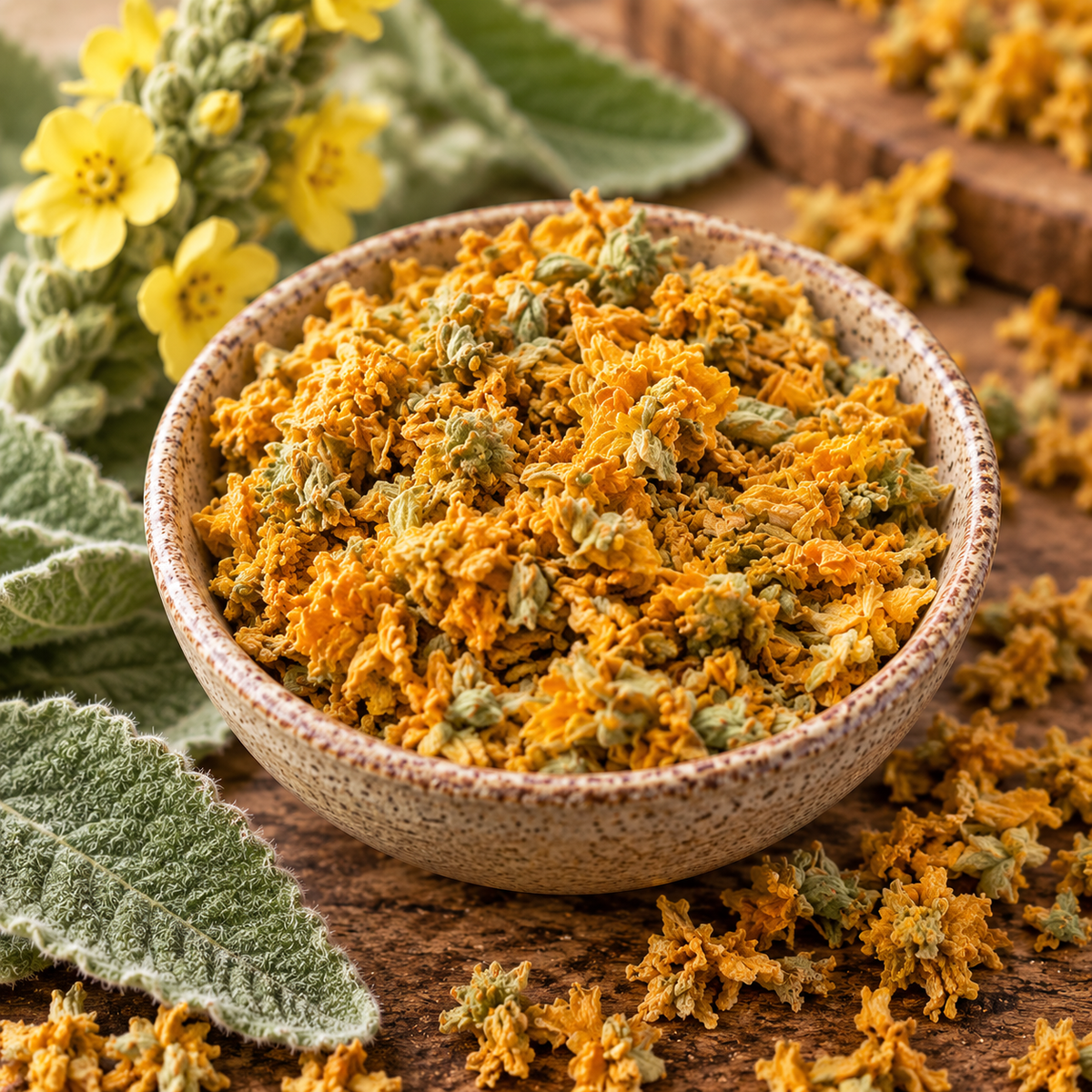 Close-up of dried Mullein Flowers in a ceramic bowl showing their natural golden yellow, orange and muted green tones