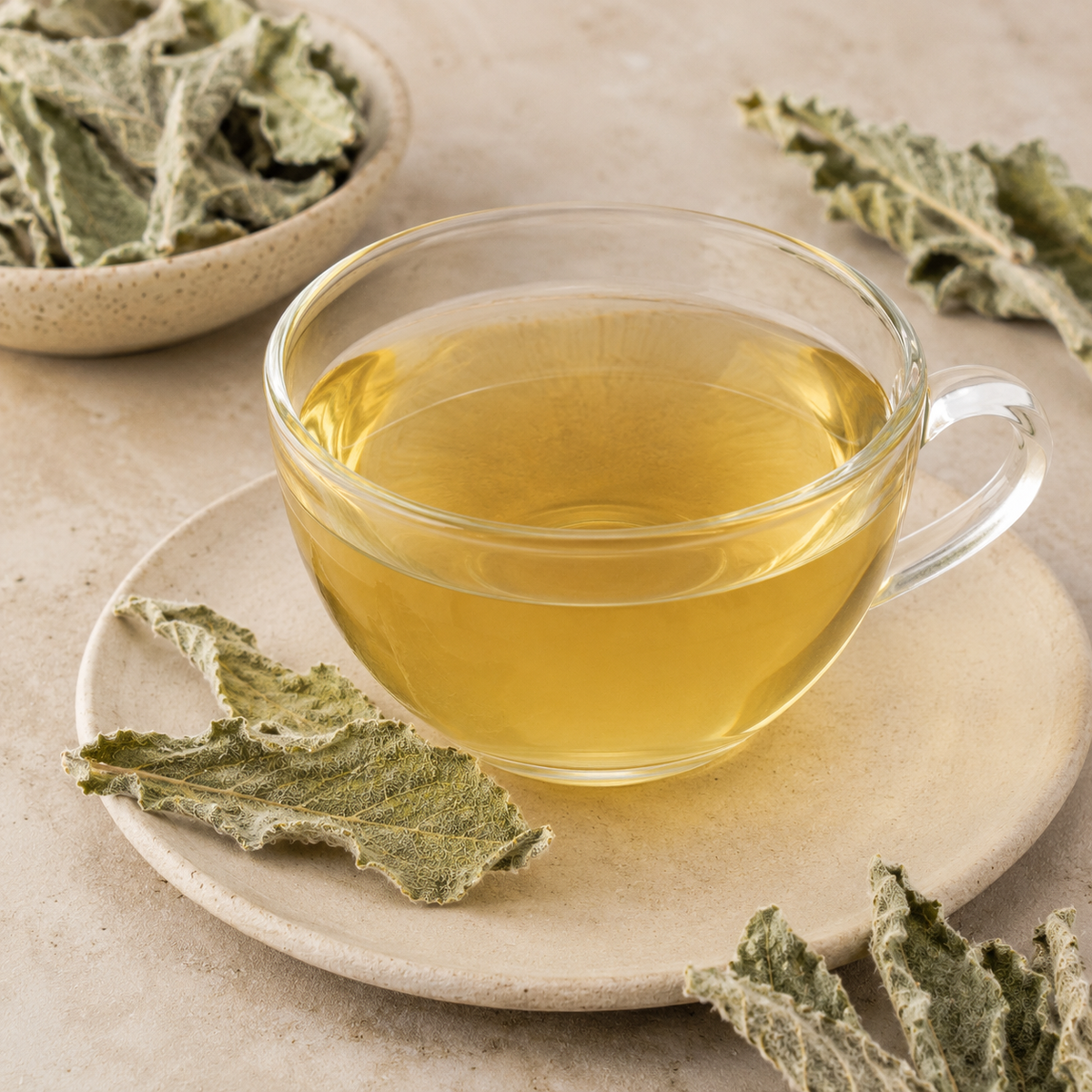 Prepared Mullein tea in a clear glass cup with dried Mullein leaves