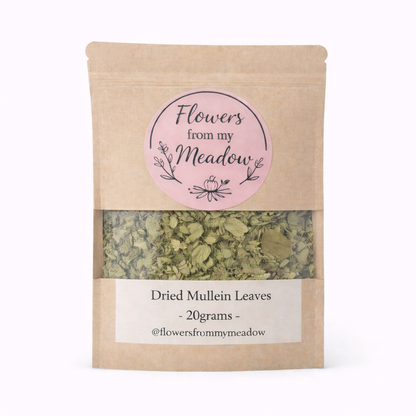 Package of dried mullein leaves with 'Flowers from my Meadow' label on a white background