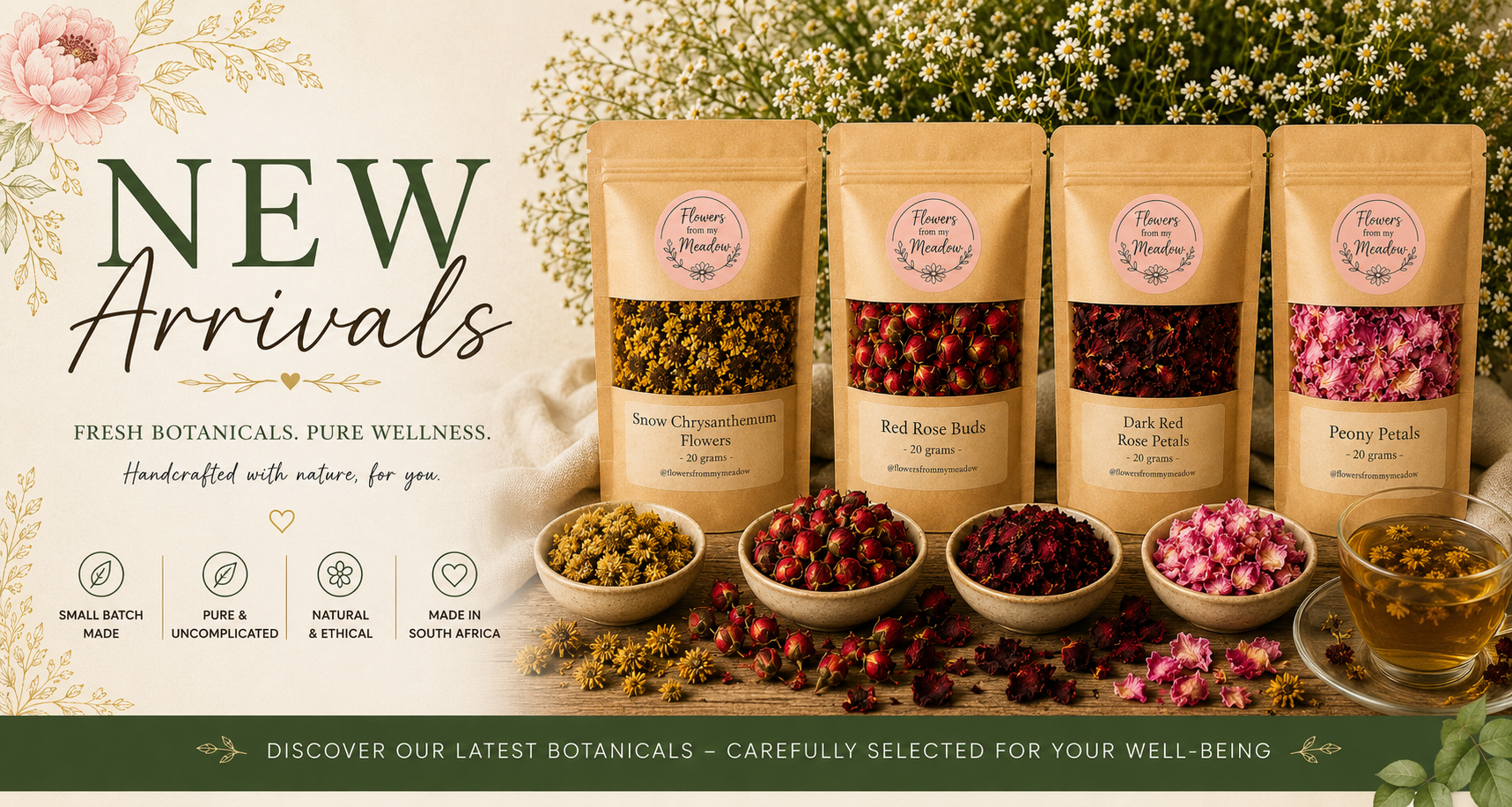 New botanical arrivals at Flowers from my Meadow featuring Snow Chrysanthemum Flowers, Red Rose Buds, Dark Red Rose Petals and Peony Petals