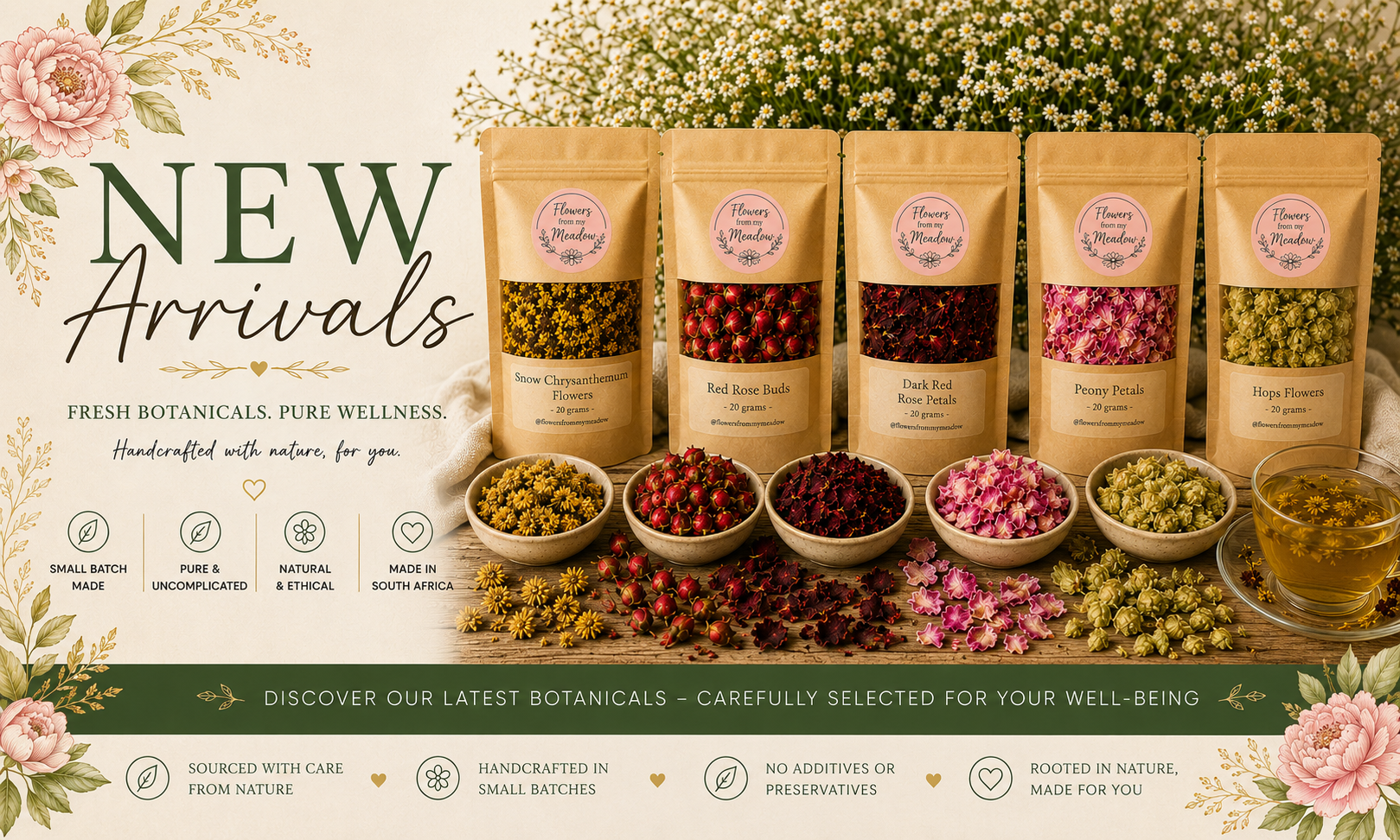 New botanical arrivals at Flowers from my Meadow featuring Snow Chrysanthemum Flowers, Red Rose Buds, Dark Red Rose Petals, Peony Petals and Hops Flowers