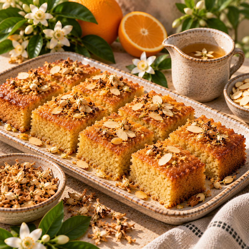 Orange Blossom and almond semolina cake squares with sliced almonds, citrus syrup, dried Orange Blossoms and fresh white citrus flowers