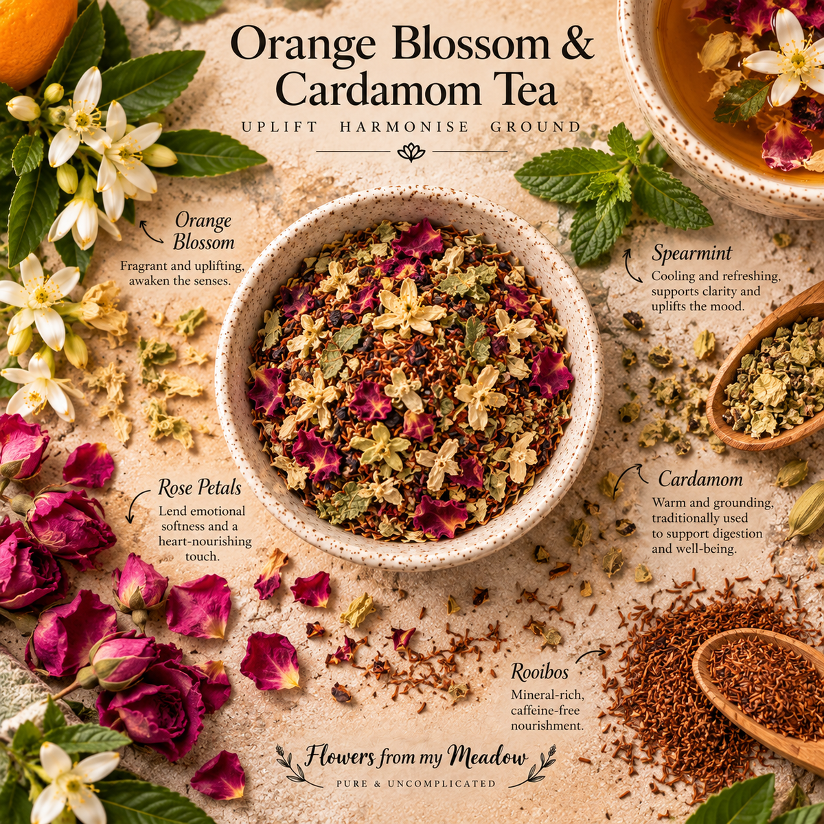 Orange Blossom and Cardamom Tea botanical blend with spearmint, rose petals, cardamom and rooibos