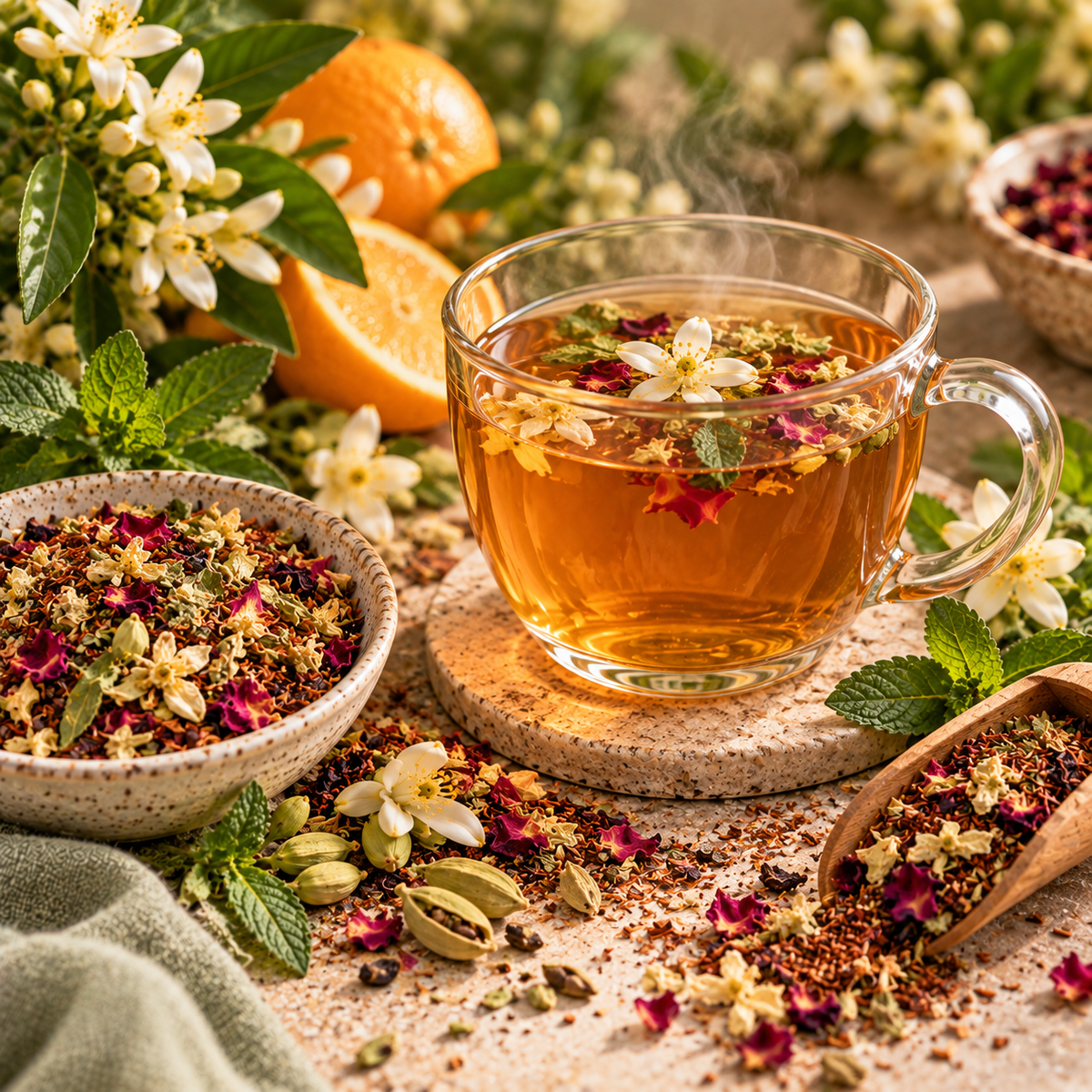 Brewed Orange Blossom and Cardamom Tea with spearmint, rose petals, rooibos and botanicals