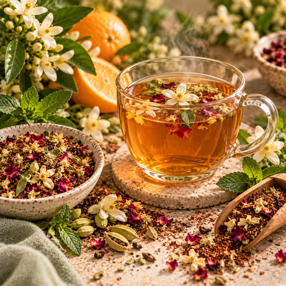 Brewed Orange Blossom and Cardamom Tea with spearmint, rose petals, rooibos and botanicals