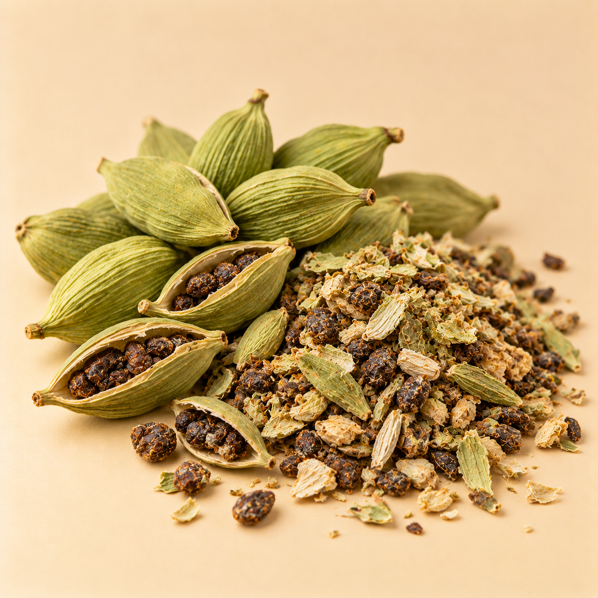 Whole and crushed cardamom with seeds used in Orange Blossom and Cardamom Tea