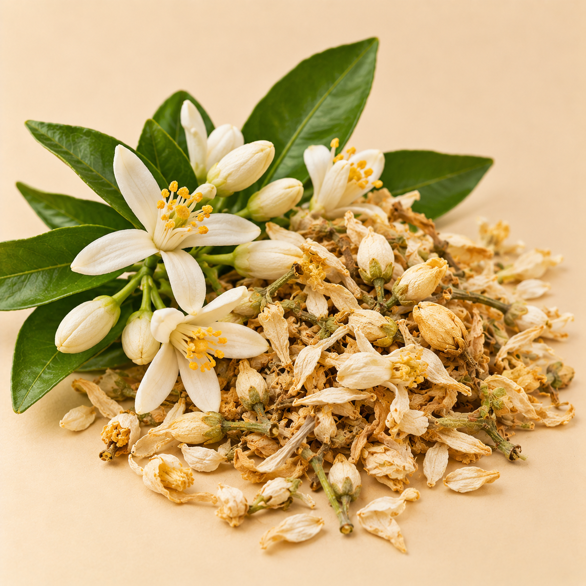Fresh and dried orange blossom flowers used in Orange Blossom and Cardamom Tea