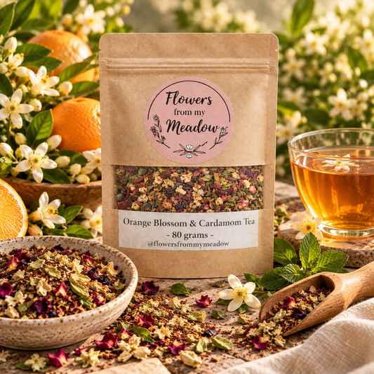 Orange Blossom and Cardamom Tea with orange blossoms, spearmint, rose petals, crushed cardamom and rooibos