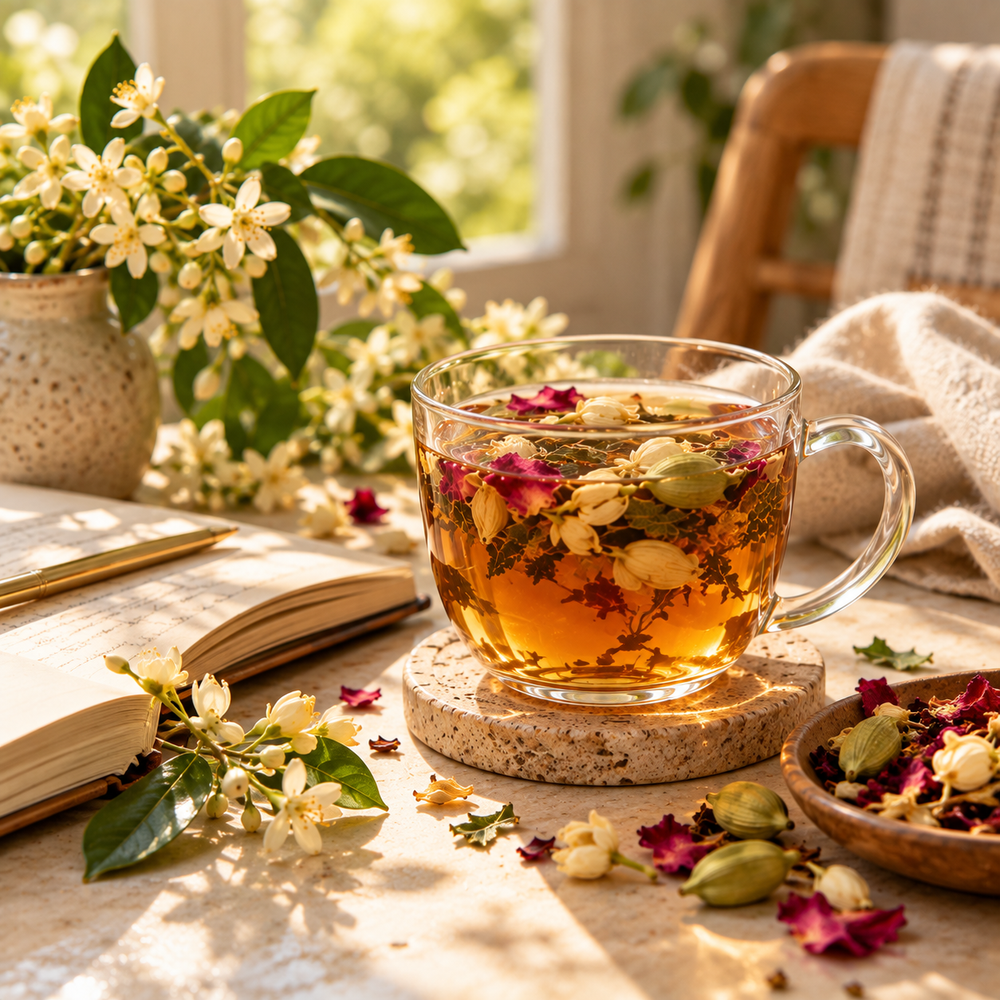 Orange Blossom and Cardamom Tea beside an open journal for a peaceful afternoon tea break