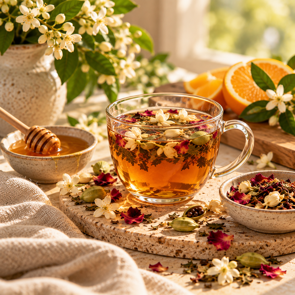 Orange Blossom and Cardamom Tea served with honey, fresh orange and botanicals