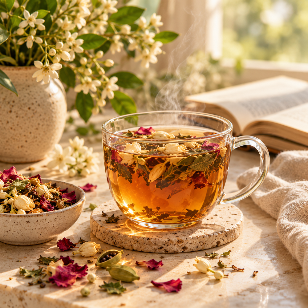Warm Orange Blossom and Cardamom Tea enjoyed as a peaceful morning tea ritual