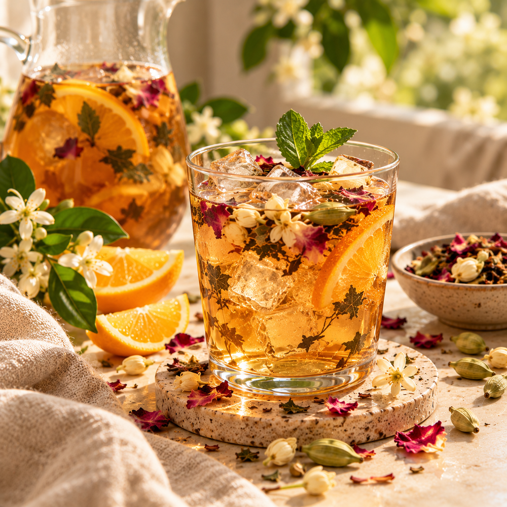 Iced Orange Blossom and Cardamom Tea with fresh orange, mint and botanicals
