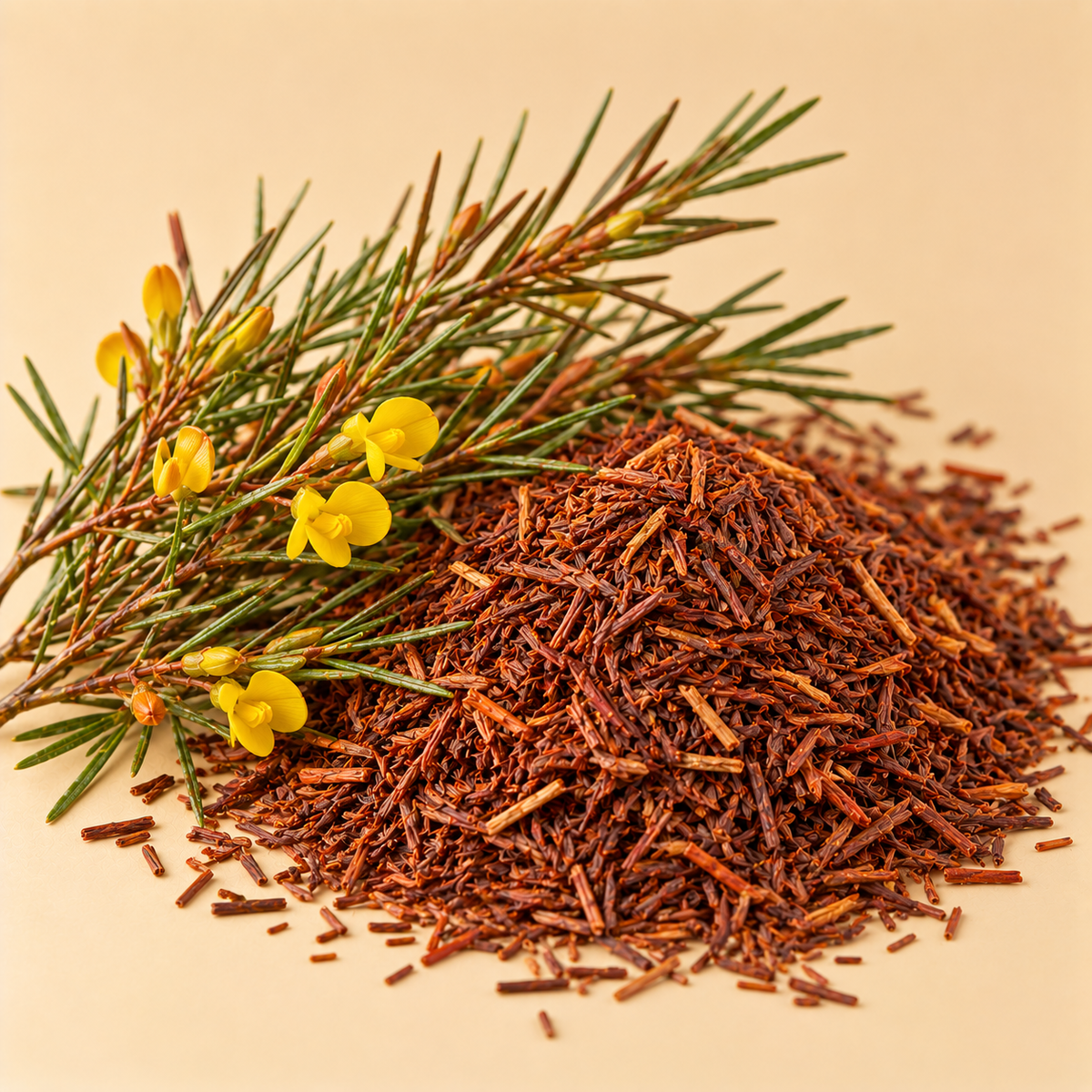 Dried rooibos leaves and stems used in Orange Blossom and Cardamom Tea