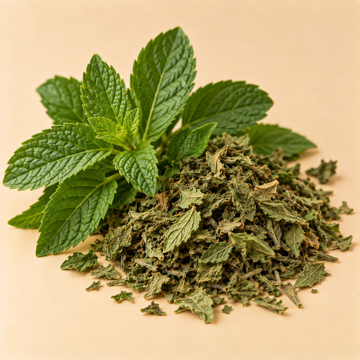 Fresh and dried spearmint leaves used in Orange Blossom and Cardamom Tea