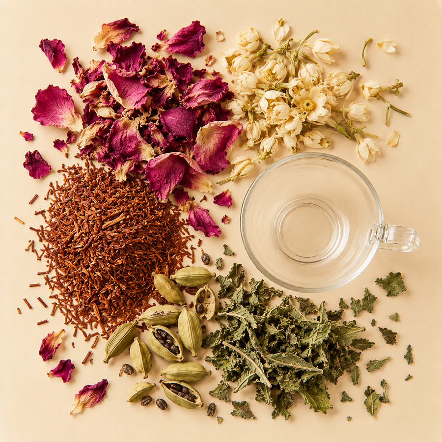 Orange Blossom, spearmint, cardamom, rose petals and rooibos arranged beside an empty glass teacup