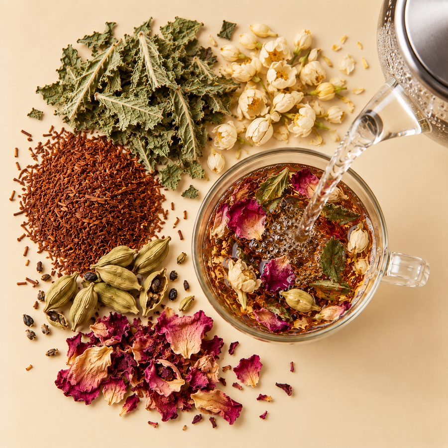 Freshly boiled water poured over Orange Blossom, spearmint, cardamom, rose petals and rooibo