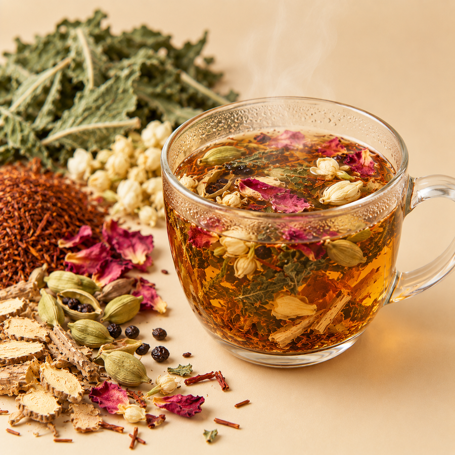 Orange Blossom and Cardamom Tea infusing with spearmint, rose petals, rooibos and botanicals