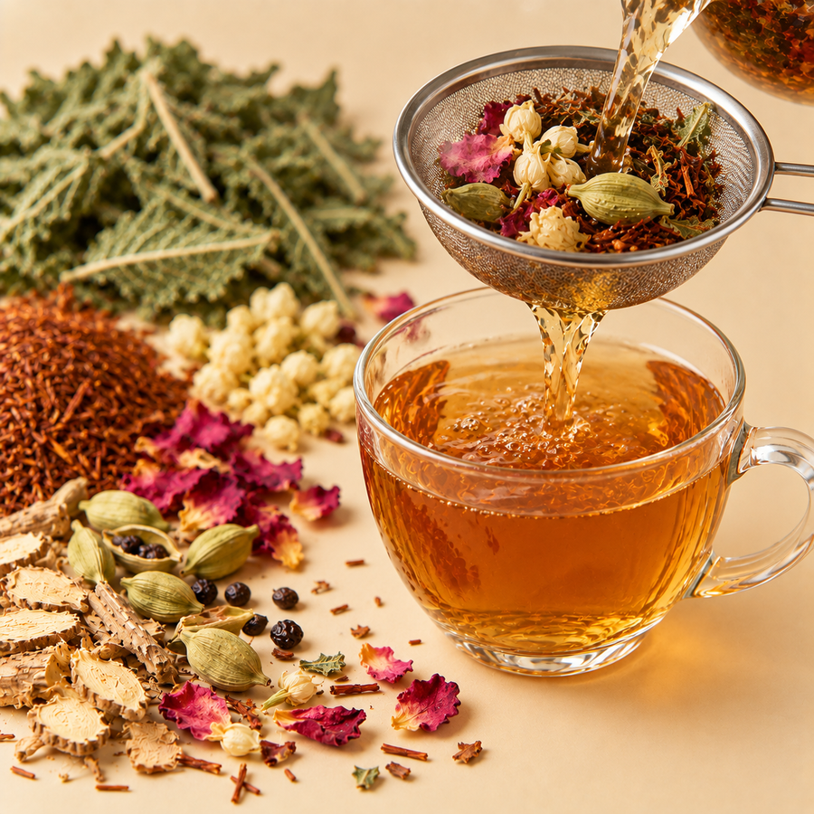 Orange Blossom and Cardamom Tea being strained into a clear glass cup after brewing