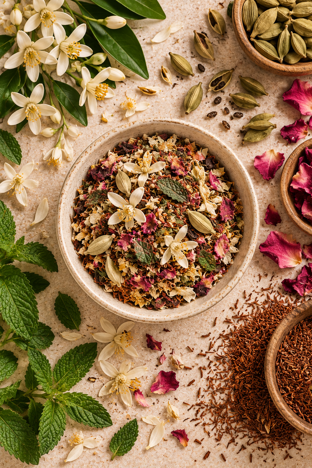 Orange Blossom and Cardamom Tea blend with spearmint, rose petals, rooibos and botanicals