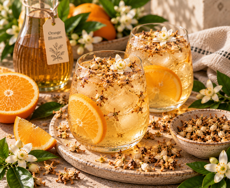 Orange Blossom dark chocolate truffles with cocoa, pistachios and orange zest, styled with dried Orange Blossoms and fresh white citrus flowers