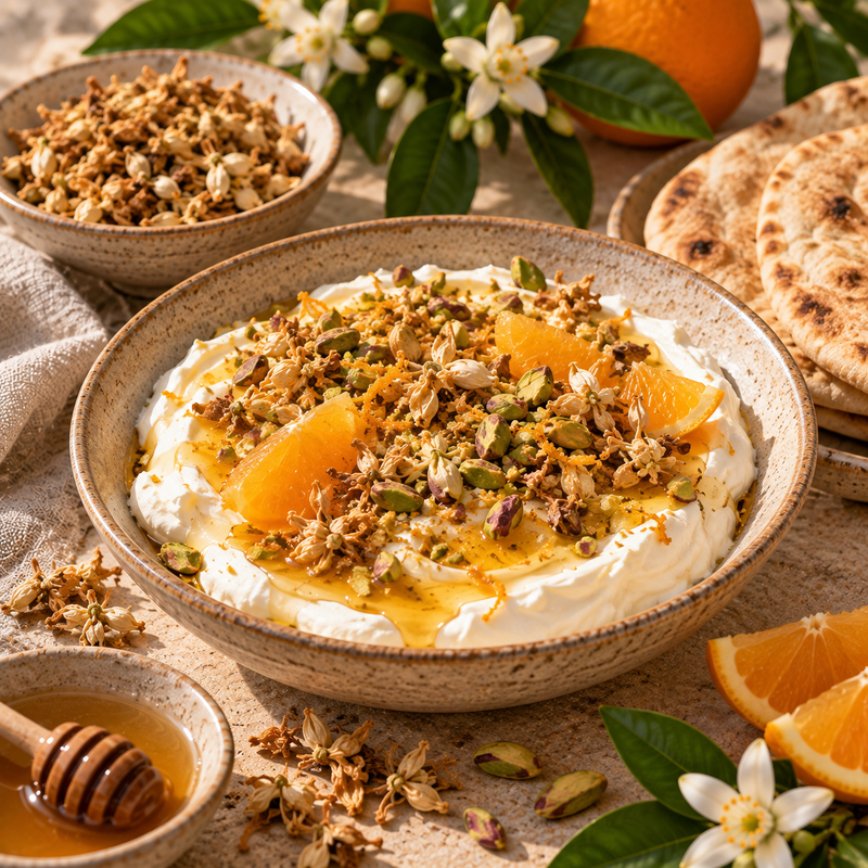 Orange Blossom, honey and pistachio labneh with fresh orange segments, dried Orange Blossoms and warm flatbread