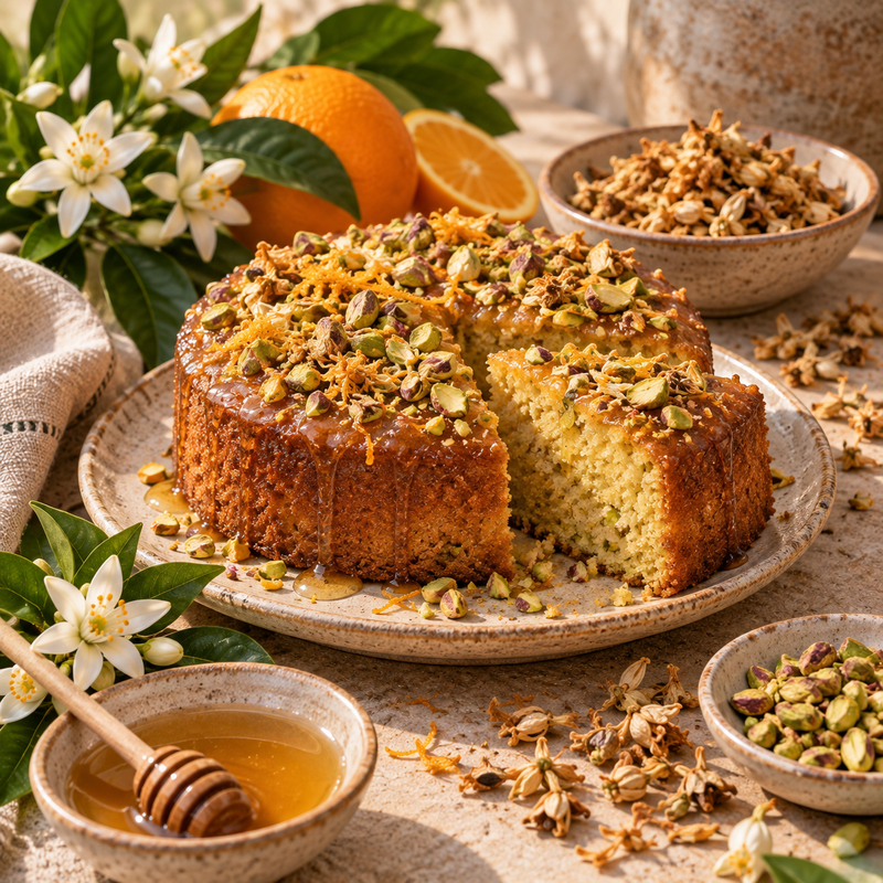 Orange Blossom and pistachio cake with honey, orange zest, dried Orange Blossoms and fresh white citrus flowers