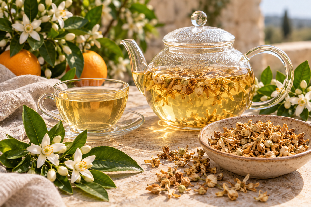 Orange blossom tea preparation with dried Citrus aurantium flowers steeping in a glass teapot and a pale golden floral citrus infusion