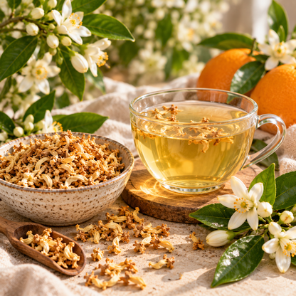 Orange blossom tea with dried Orange Blossoms, fresh white citrus flowers and a naturally pale golden botanical infusion
