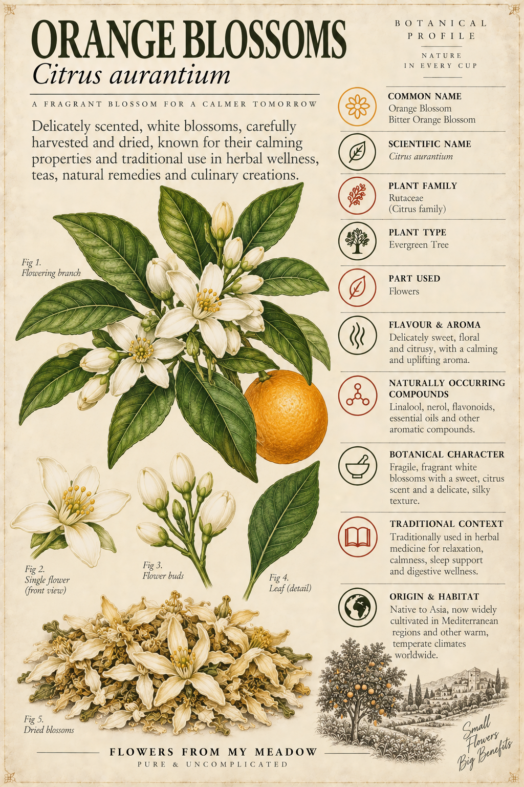 Vintage botanical profile of Orange Blossoms showing Citrus aurantium flowers, dried blossoms and key botanical information