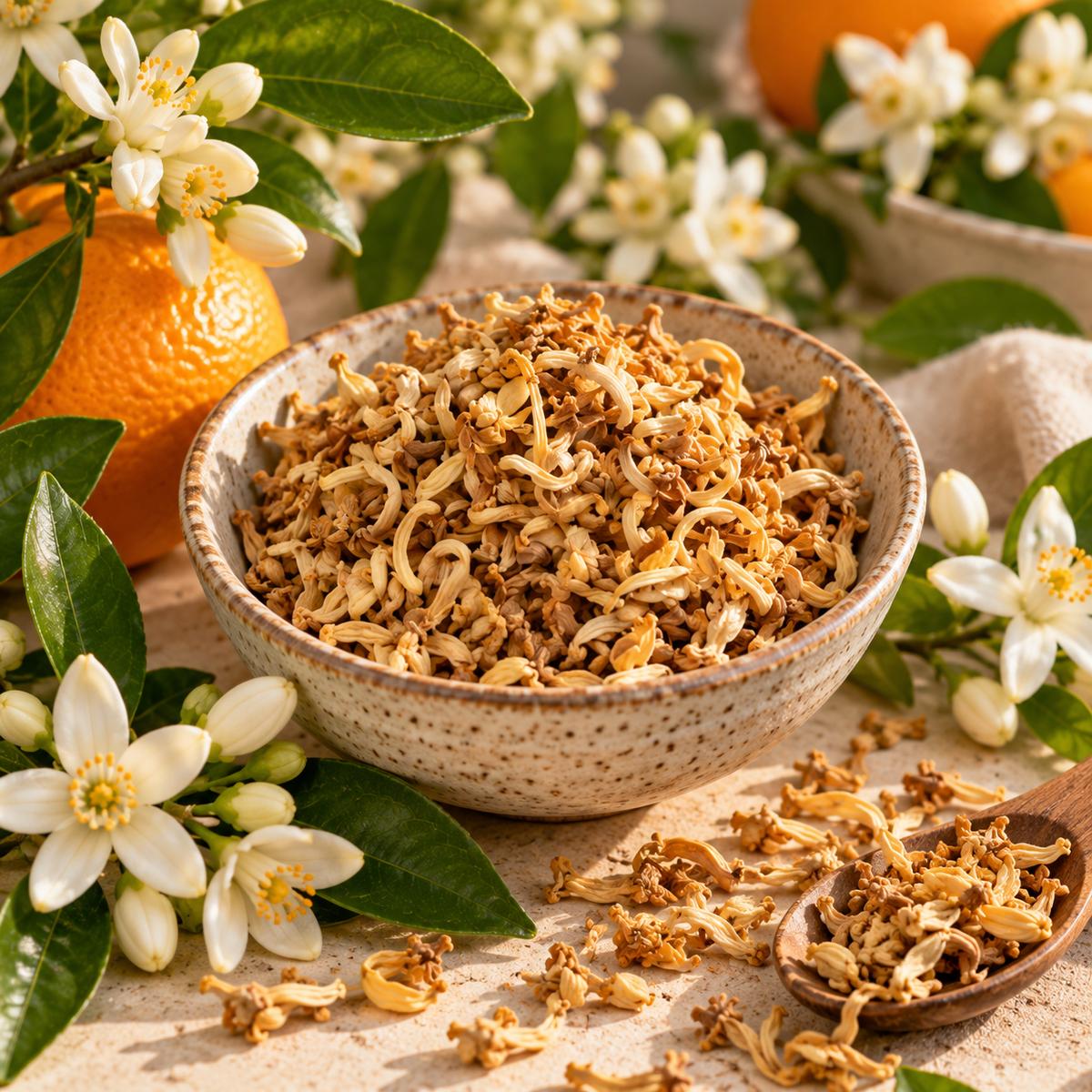 Close-up of dried Orange Blossoms showing their natural cream, honey-gold and light brown tones, styled with fresh white citrus blossoms and oranges