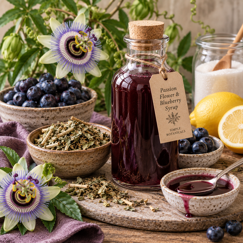 Passion Flower and blueberry botanical syrup with dried Passiflora incarnata herb, fresh blueberries and lemon