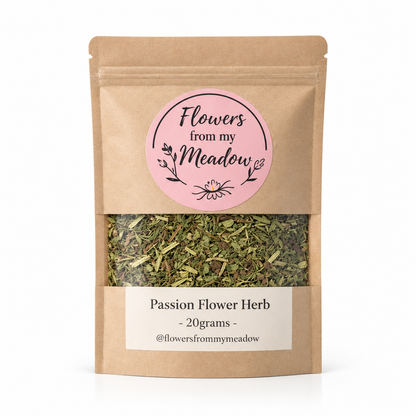 Passion Flower Herb 20 g resealable kraft pouch filled with dried Passiflora incarnata herb