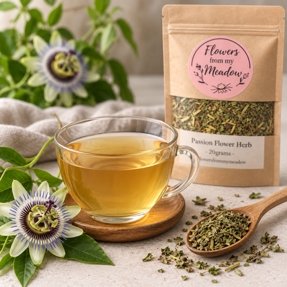 Passion Flower herbal tea with dried Passiflora incarnata herb and fresh passion flowers