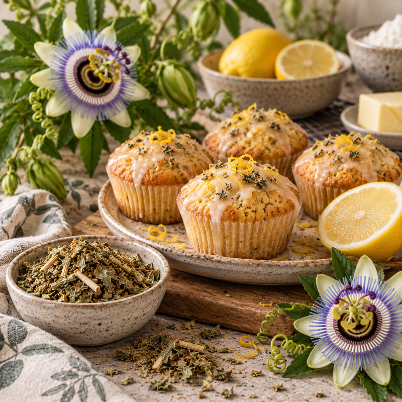 Passion Flower and lemon tea cakes with dried Passiflora incarnata herb, fresh lemon zest and passion flowers
