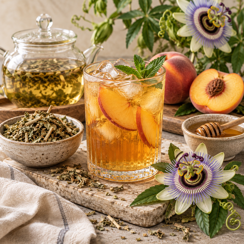 Passion Flower peach and honey iced tea with dried Passiflora incarnata herb, fresh peach and honey