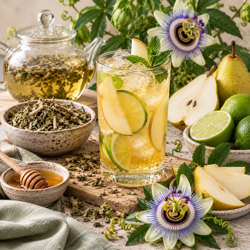 Passion Flower pear and lime cooler with dried Passiflora incarnata herb, fresh pear, lime and ice