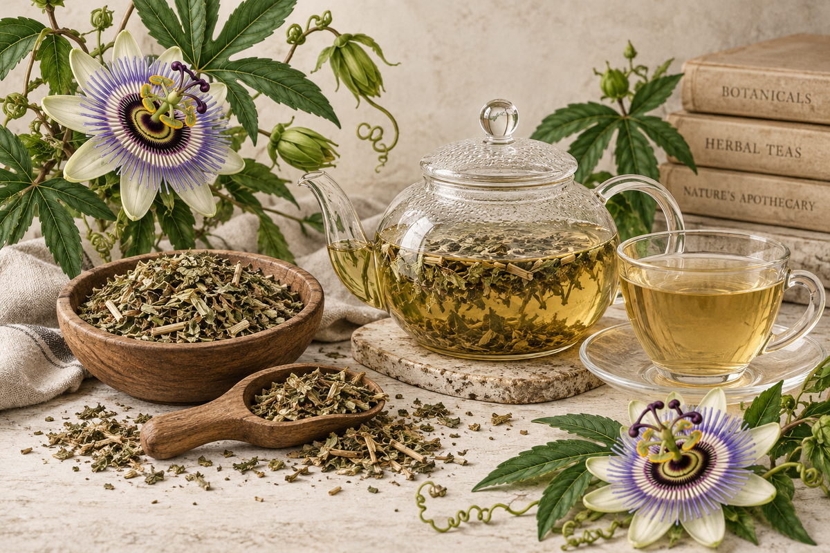 Passion Flower tea preparation with dried Passiflora incarnata herb steeping in a glass teapot and a finished golden herbal infusion