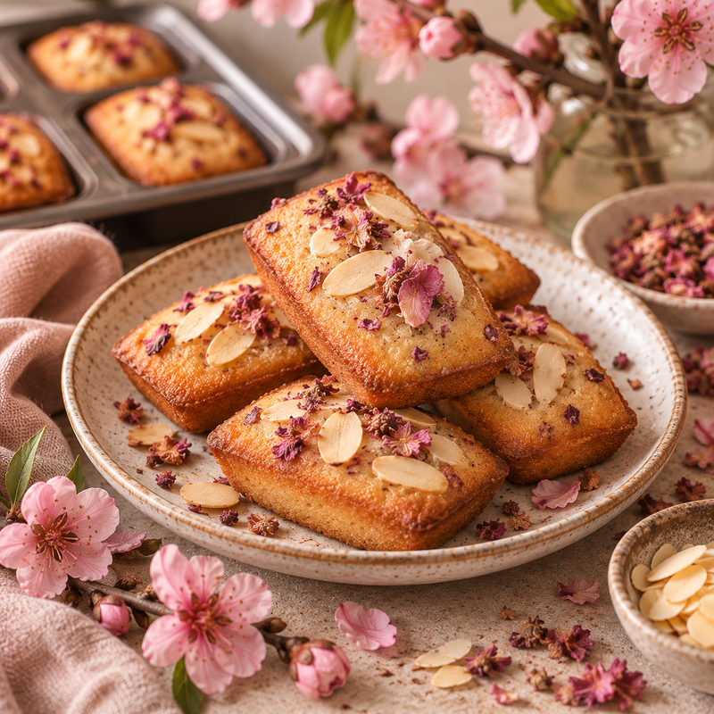 Peach Blossom and almond financiers topped with flaked almonds and dried Peach Blossoms, styled with fresh pink peach flowers