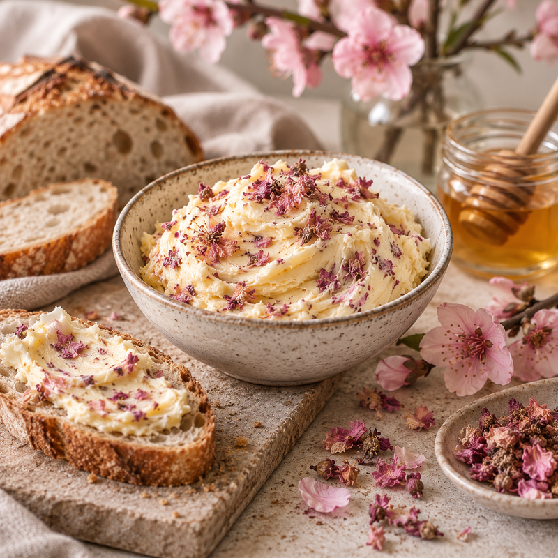 Peach Blossom and honey butter with dried Peach Blossoms, artisan bread, honey and fresh pink peach flowers